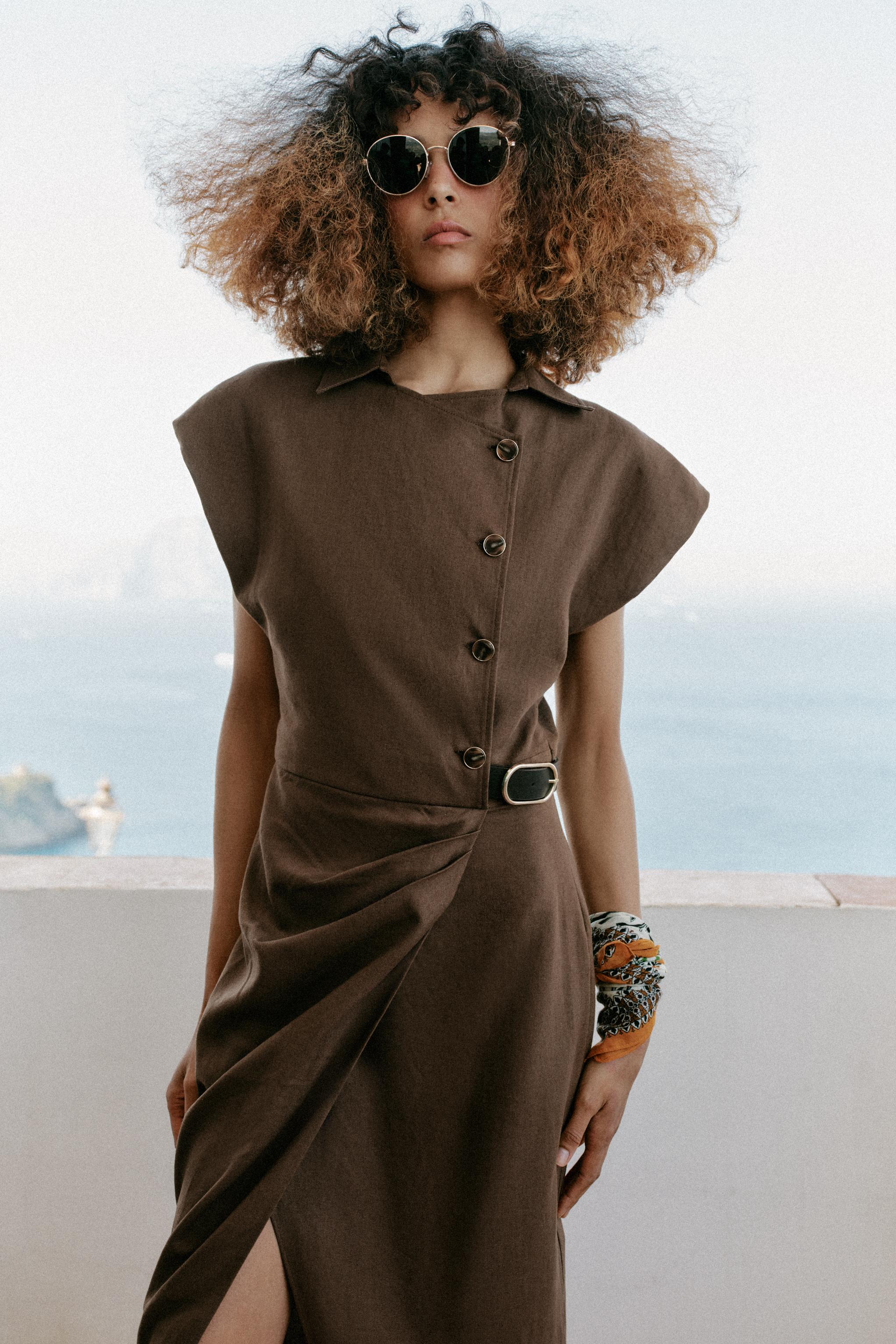 LINEN BLEND MIDI DRESS WITH BELT